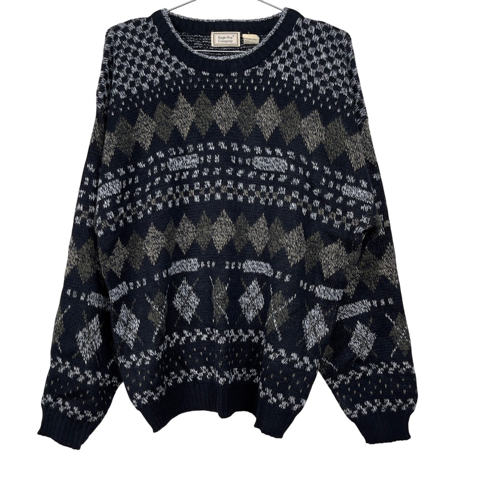 Vintage Bugle Boy Sweater 90s Geometric‎ Argyle Large Black Cosby Grandpa Grunge